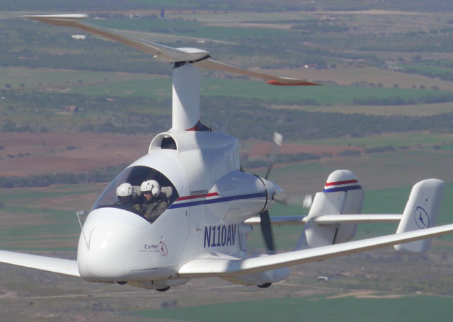 Chief Test Pilot Matthew Hayduk holds aircraft, rotorcraft, and gyroplane ratings, a useful combination for this unique machine. Photo courtesy of Carter Aviation Technologies.