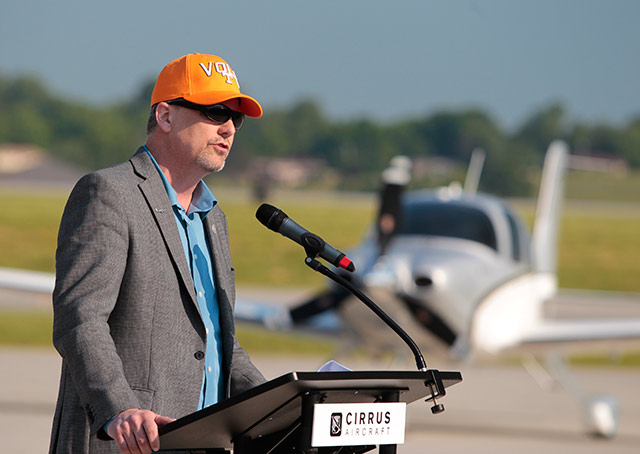 Cirrus Aircraft CEO Dale Klapmeier shows his support for the home team.