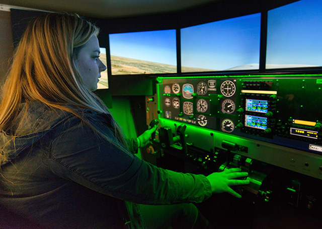A Parkland College aviator trains in a flight simulator at the school's Champaign, Illinois, flight training facility. Photo courtesy of Parkland College.