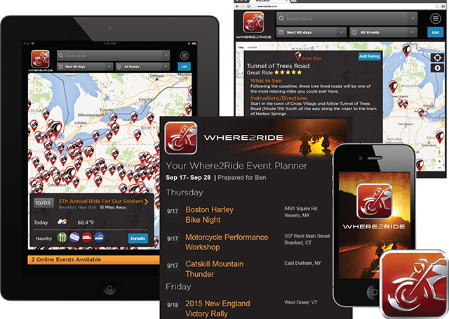 Where2 Interactive, makers of the popular SocialFlight aviation event app, announces the launch of Where2Ride, a free mobile app that provides motorcyclists with an interactive map of bike events and great rides. Photo courtesy of Where2Ride.