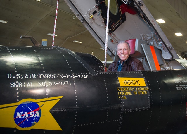 Retired Maj. Gen. Joe Engle sits in the cockpit of the X-15 A-2. Engle flew 16 missions in the research rocket. (USAF photo by Ken LaRock)