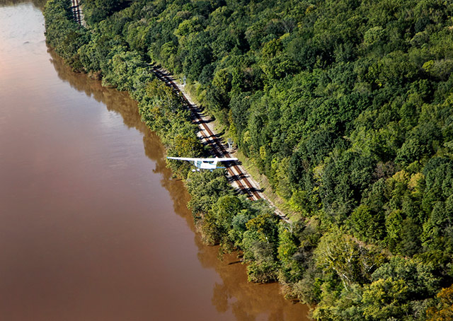 Piloted by SouthWings volunteer pilot Hap Endler, his Skylane flies an environmental study along the James River after the October storms that wreaked havoc on the southeastern United States.