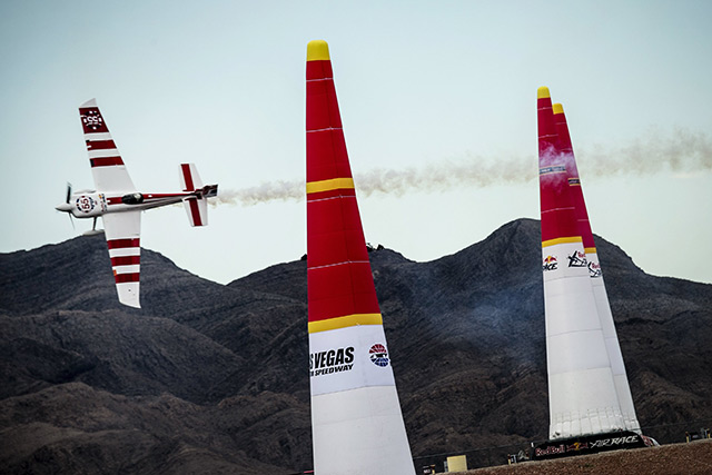 Paul Bonhomme of Great Britain performs during the finals of the eighth stage of the Red Bull Air Race World Championship at the Las Vegas Motor Speedway Oct. 18. Photo by Joerg Mitter / Red Bull Content Pool.