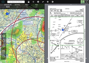 FlyQ offers a split screen capability. Notice that the blue dot on the map on the left, the location of the iPad, is also shown on the approach chart.