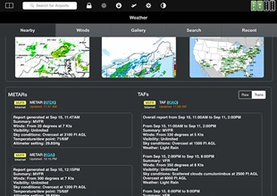 An airport weather screen brings up weather and radar maps. The yellow symbols at the top of each map indicate caution for marginal VFR weather.