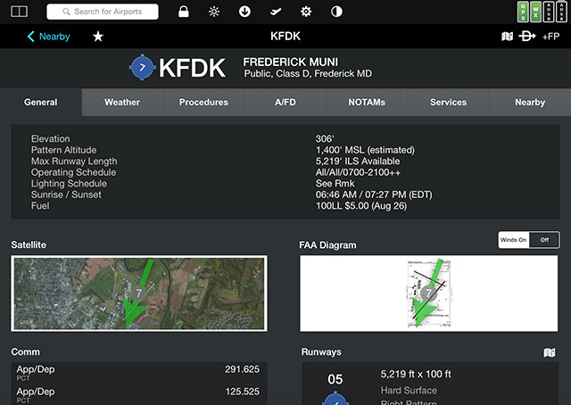 An airport screen brings up not only a satellite picture and airport diagram, but also the direction of the wind overlaid on the charts with a green arrow.