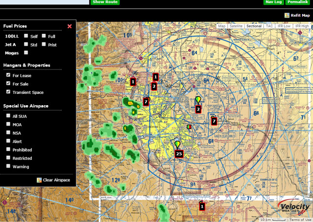 iFlightPlanner map page with Hangar Network listings among the overlays. Screen shot courtesy of iFlightPlanner.