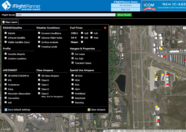 A detail airport view with available hangar space highlighted. Screen shot courtesy of iFlightPlanner.