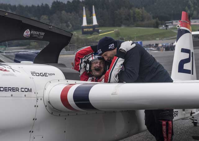 Matthias Dolderer of Germany reacts after winning the finals of the second stage of the Red Bull Air Race World Championship at the Red Bull Ring in Spielberg, Austria on April 24. Photo by Predrag Vuckovic/Red Bull Content Pool.
