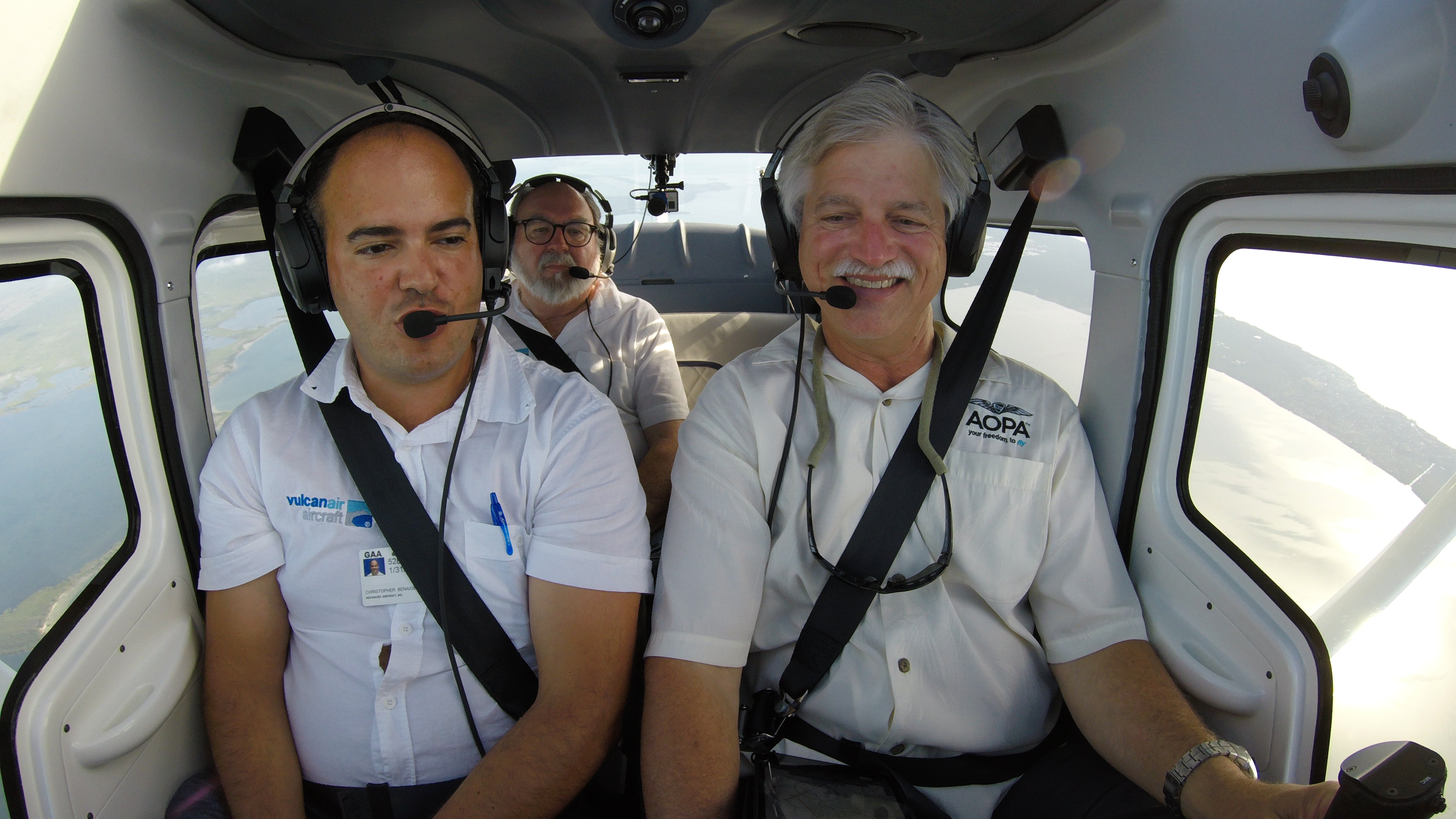 Ameravia's Chris Benaiges and Mike McMann, with AOPA editor David Tulis, fly the 2018 Vulcanair V1.0 four-seat, single-engine, high-wing aircraft to the Florida Keys, Aug. 12, 2018. Photo by David Tulis